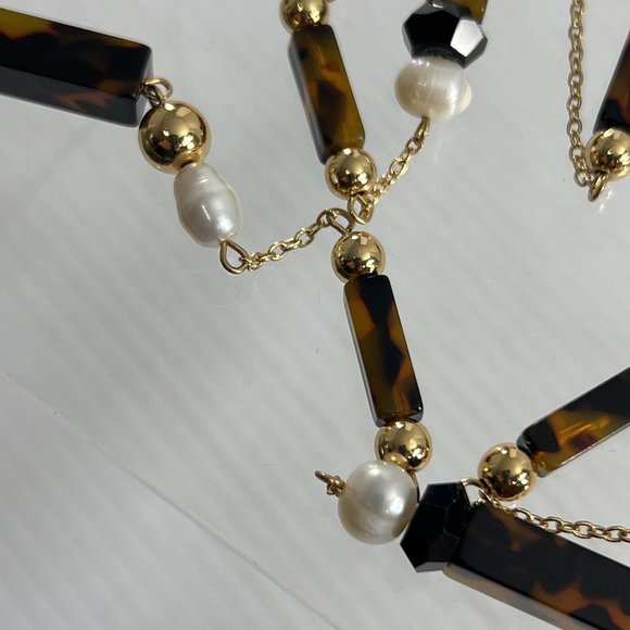 Ann Taylor Necklace Beaded Gold Tone Faux Tigers Eye Faux Pearl 33" - Picture 5 of 7